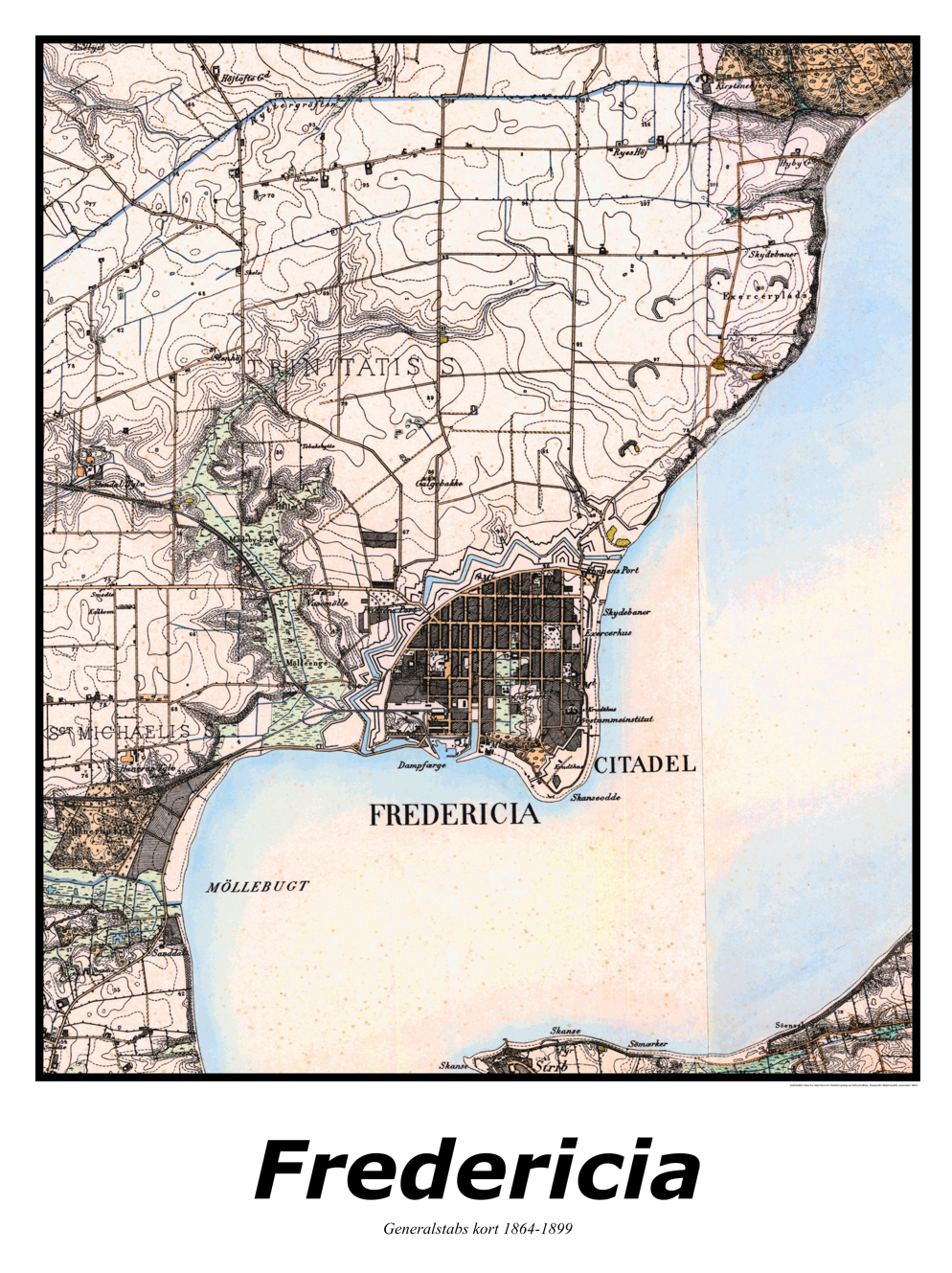 Plakat med kort over Fredericia | Kortplakater over Fredericia. Citymaps.dk