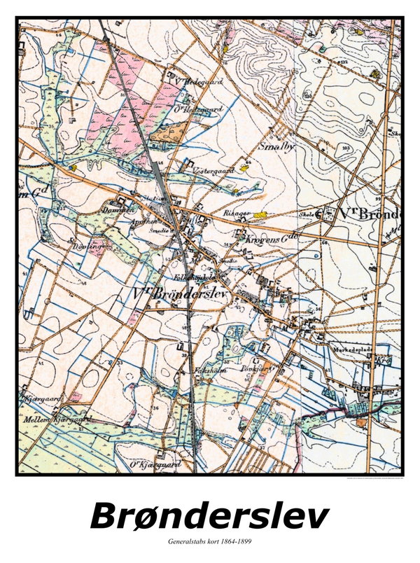 Plakat med kort over Brønderslev | Kortplakater over Brønderslev. Citymaps.dk