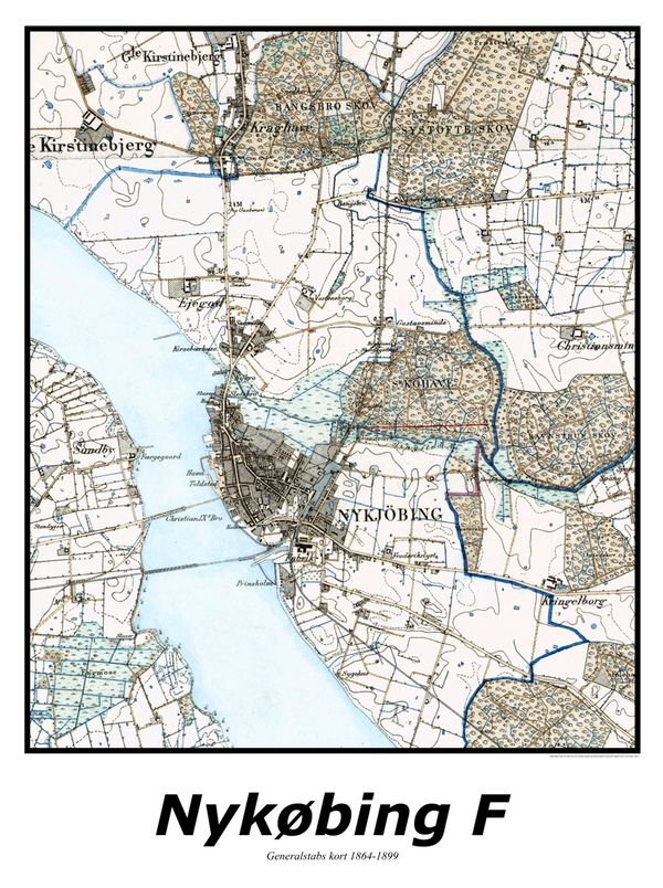 Plakat med kort over Nykøbing F | Kortplakater over Nykøbing F. Citymaps.dk