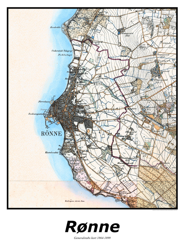 Plakat med kort over Rønne | Kortplakater over Rønne. Citymaps.dk
